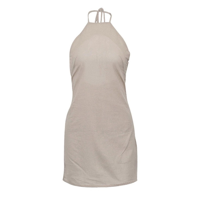 Cotton Linen Halter Lace Up A Line Dress