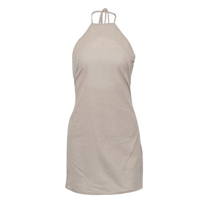 Cotton Linen Halter Lace Up A Line Dress