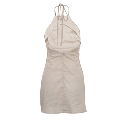Cotton Linen Halter Lace Up A Line Dress