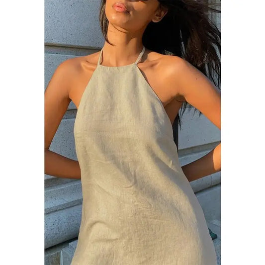 Cotton Linen Halter Lace Up A Line Dress